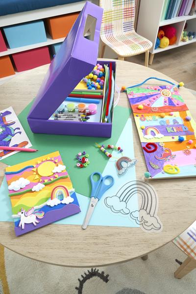 Kids' craft supplies and materials organized in a kit.