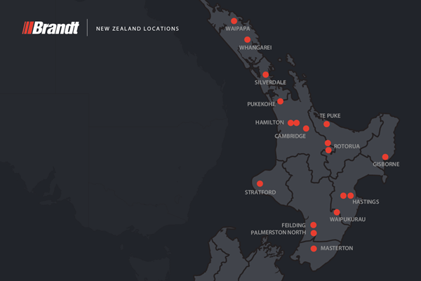 Carte des sites Brandt en Nouvelle-Zélande