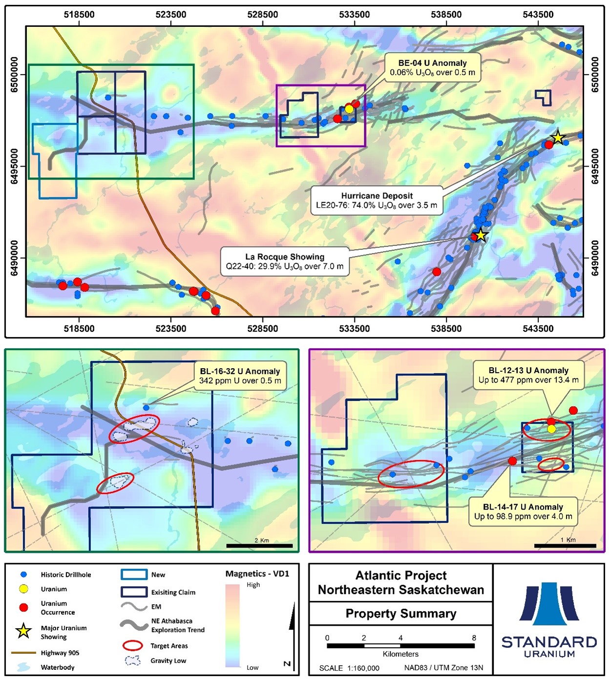 Plan map showing regional magnetics of the Atlantic project area and highlighting EM conductors coincident with cross-cutting faults and uranium intersections. Density-low anomalies identified from the 2022 gravity survey are highlighted on the western claim blocks in addition to the newly staked expansion.