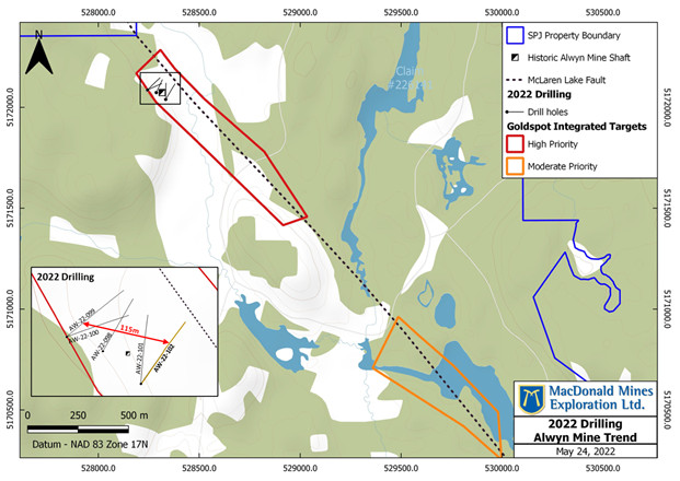 Phase 1 drilling by MacDonald Mines along the Alwyn Mine Copper-Gold (Cu-Au) trend.