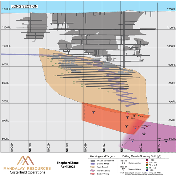 Figure 2. Longitudinal section of Youle illustrating the location of the new structural domain and recent drill intercepts.