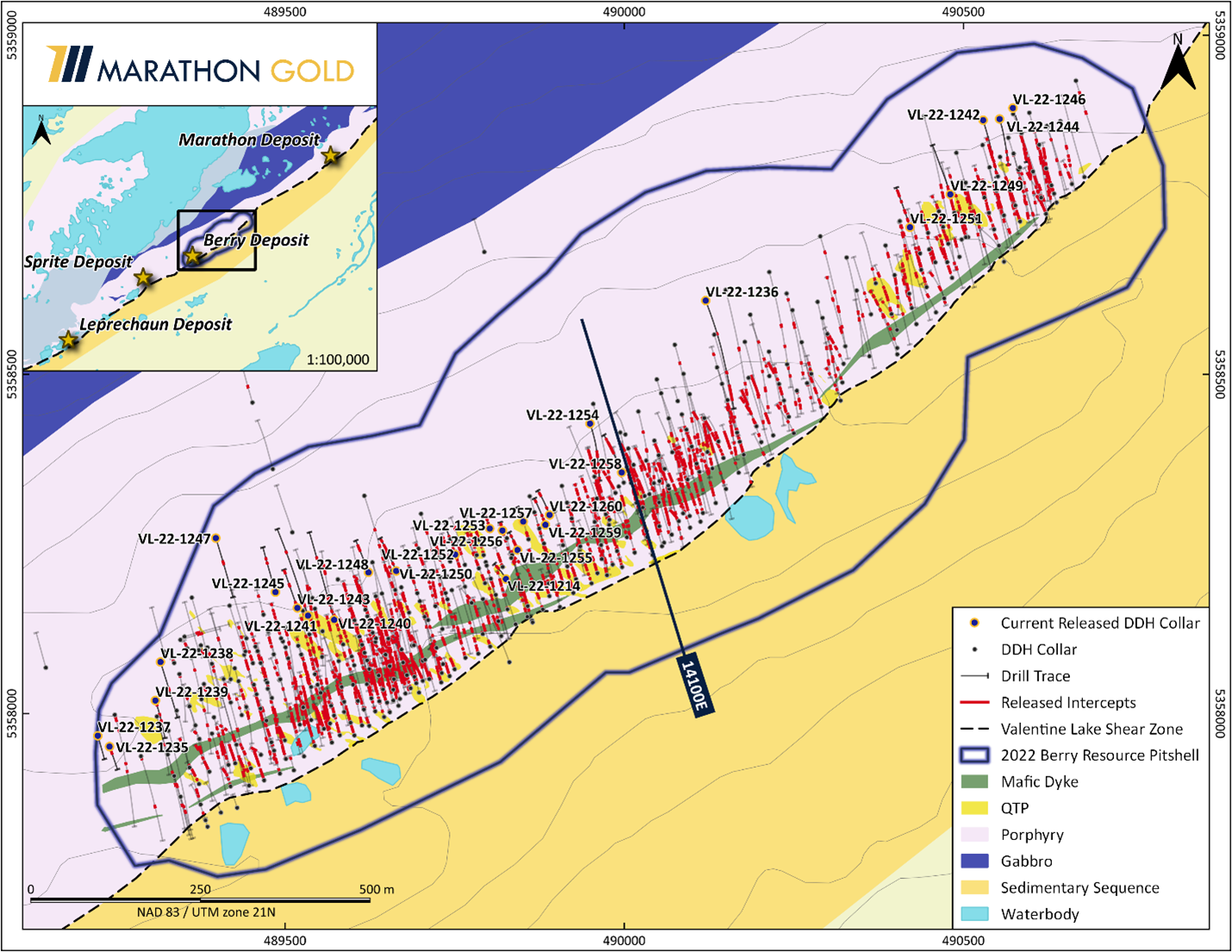 Location of Berry Deposit Exploration Drill Hole Collars VL-22-1214 and VL-22-1235 to VL-22-1262