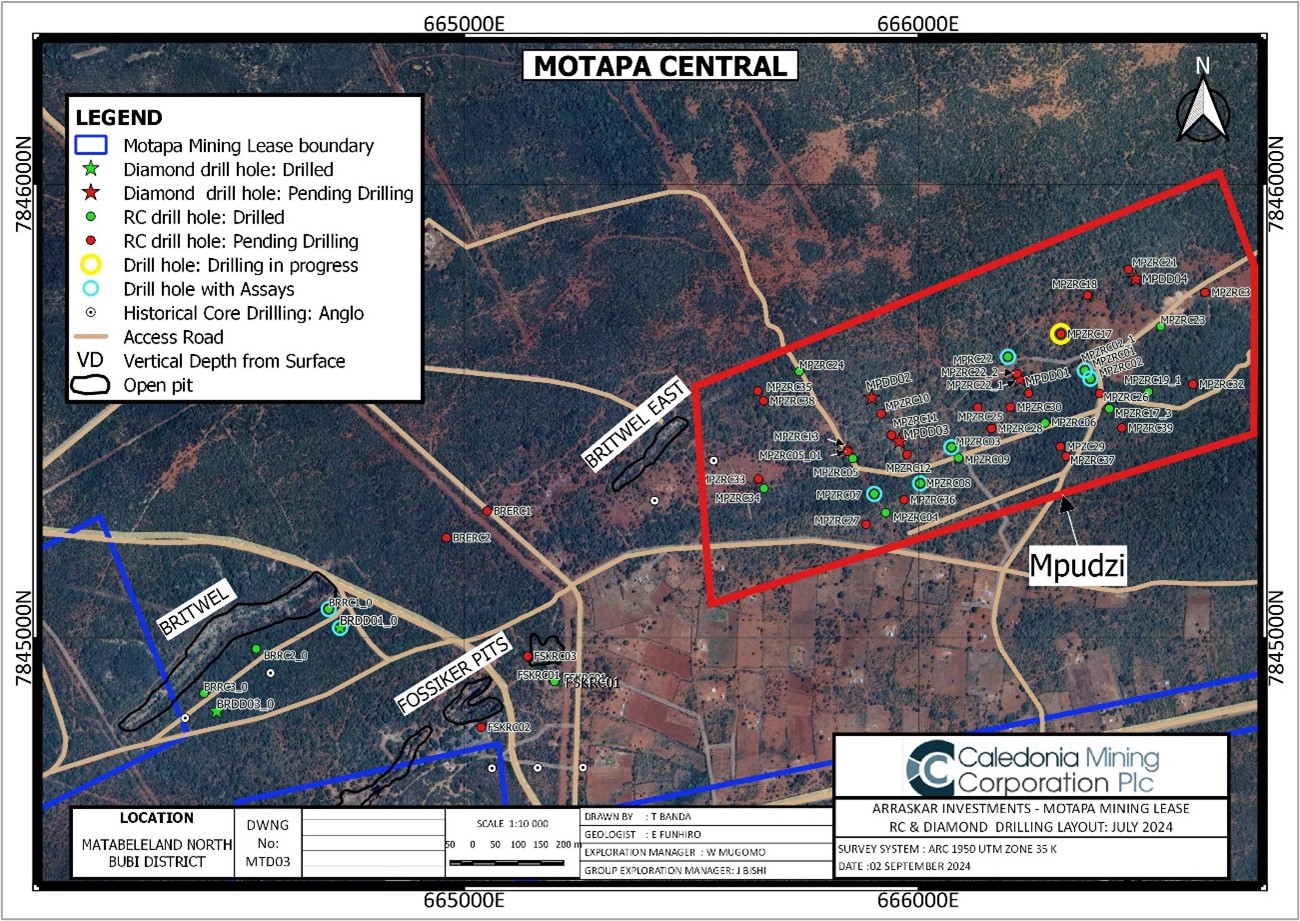 Motapa Central strike DD and RC drillhole collars.