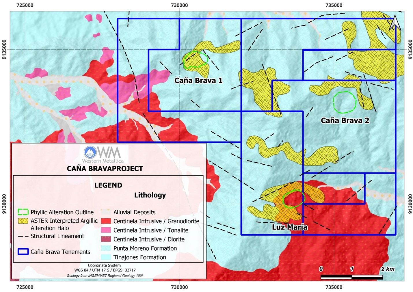 Location of the three Caña Brava porphyry clusters, major interpreted alteration zones and property coverage.