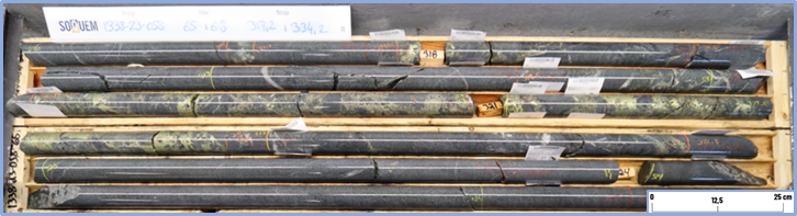 Xylem discovery: chalcopyrite and pyrite injections within a porphyritic and chloritized felsic unit in hole 1338-23-058.
