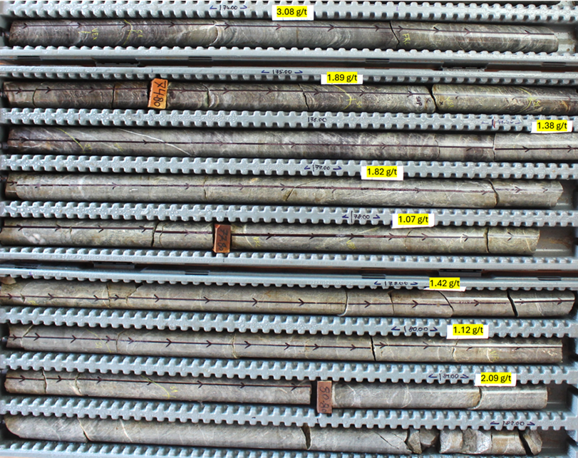 25DDH-SEL-046 from 74 to 90 meters (within 17m of 1.59 g/t gold from 74 m), showing continuous grade distribution.