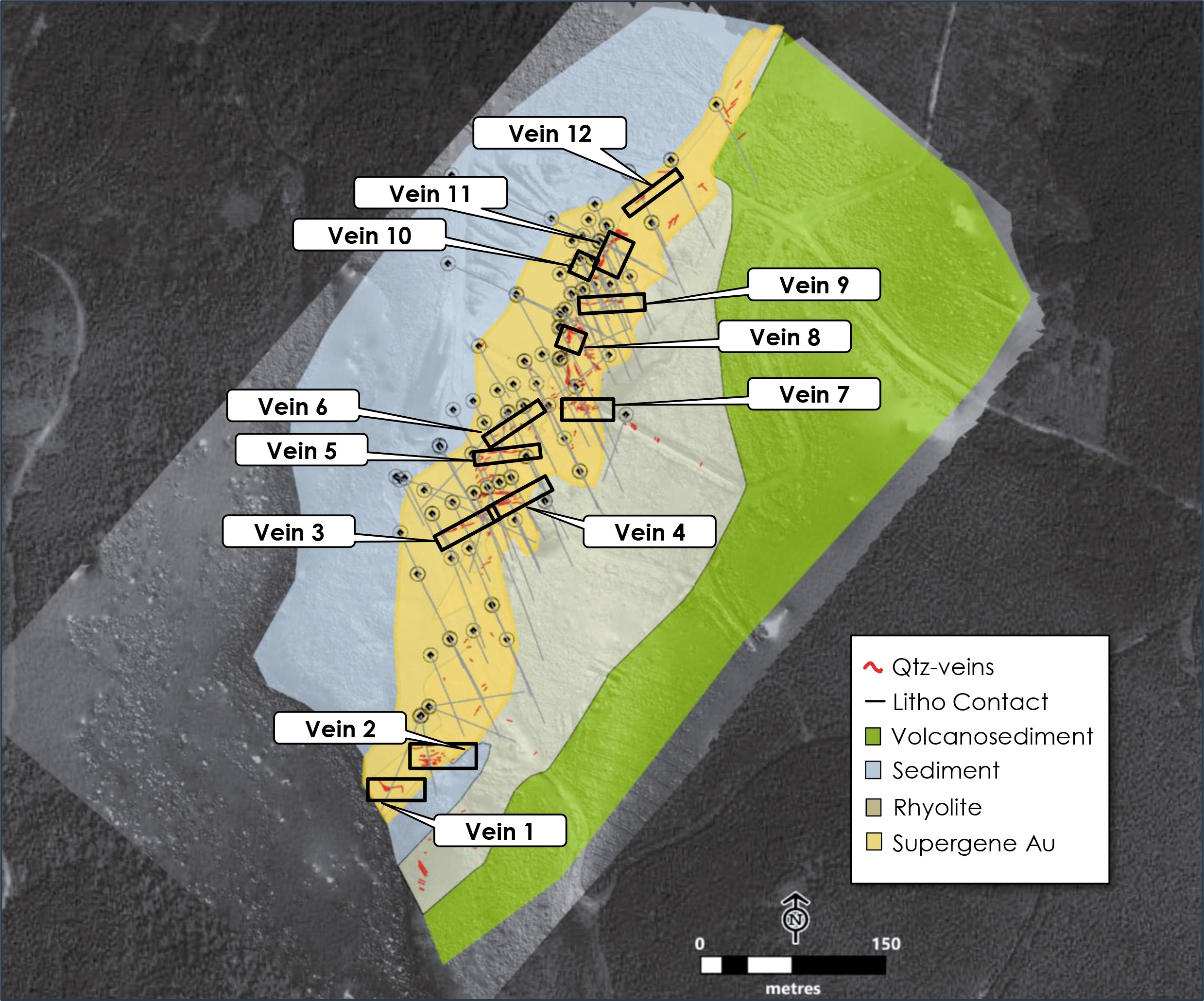 Figure 2: Location of the 12 significant quartz veins sampled at the LGZ