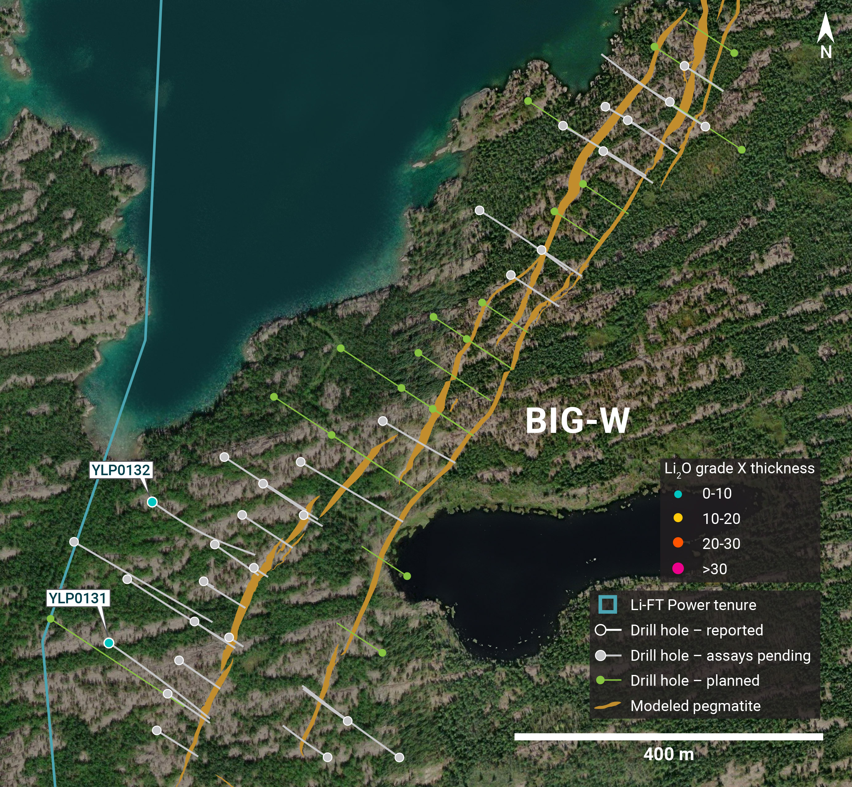 Plan view showing the surface expression of the BIG West pegmatite with diamond drill holes reported in this press release.