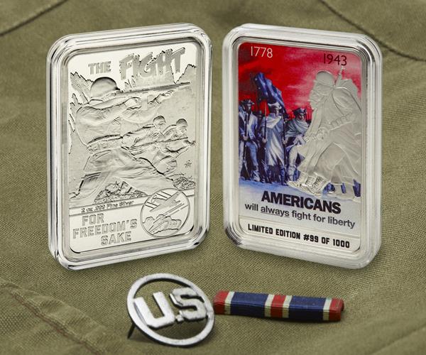 Americans will always fight for liberty
The first of The Fight For Freedom’s Sake collection of four, 2 Troy Ounce .999 fine silver ingots, commemorating propaganda posters of WWII.  This piece honors the belief that all Americans will always fight for freedom.  By unifying the parallel spirits of the patriots of the Revolutionary War and the soldiers of WWII, the poster suggests a similar fight for freedom.  #OsborneMint 

