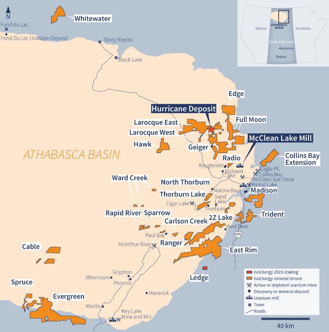 IsoEnergy Athabasca projects (orange) with new claims staked during Q4 of 2023 (red)...