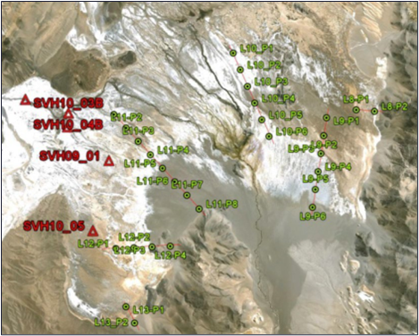 Location Map, Vertical Electric Sounding Points (Note: Figure from GEC Geophysical Exploration & Consulting S.A., 2010. Green represents VES readings and red proposed drill holes. Red triangles represent core holes)