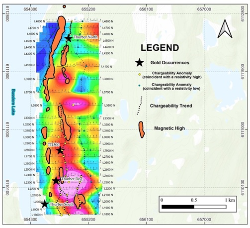 Figure 2. Compilation map showing chargeability anomalies, magnetic highs and gold occurrences overlain on modeled resistivity at 150m depth.