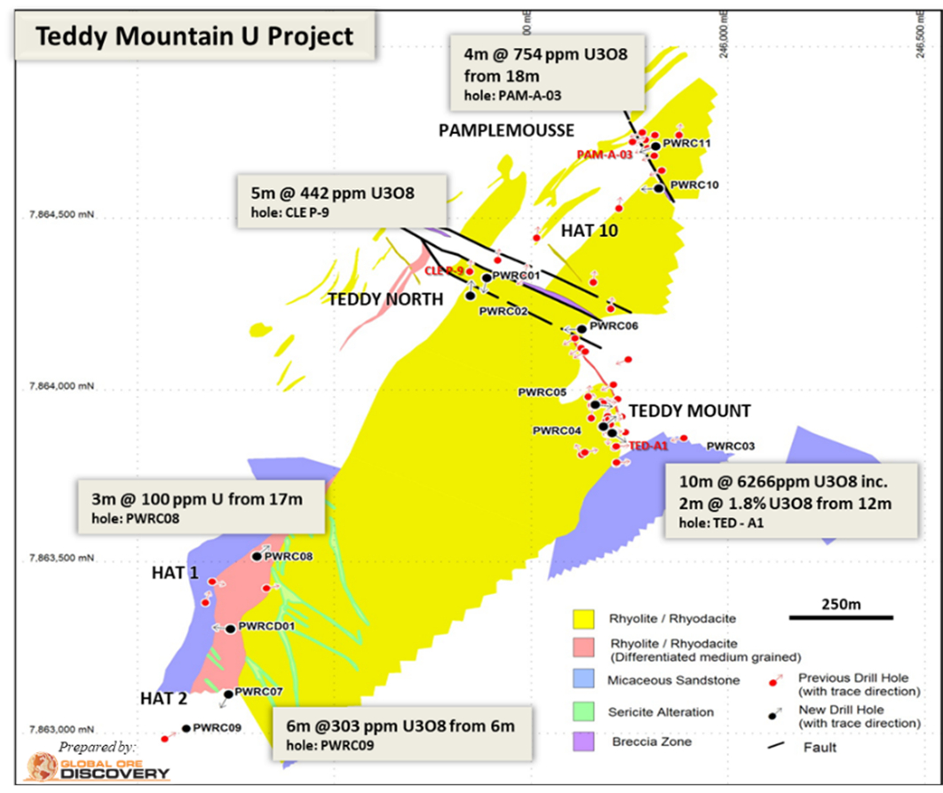 Teddy Mountain Uranium Project historical drill results Minatome, 1977 and Rockland Resources, 2018