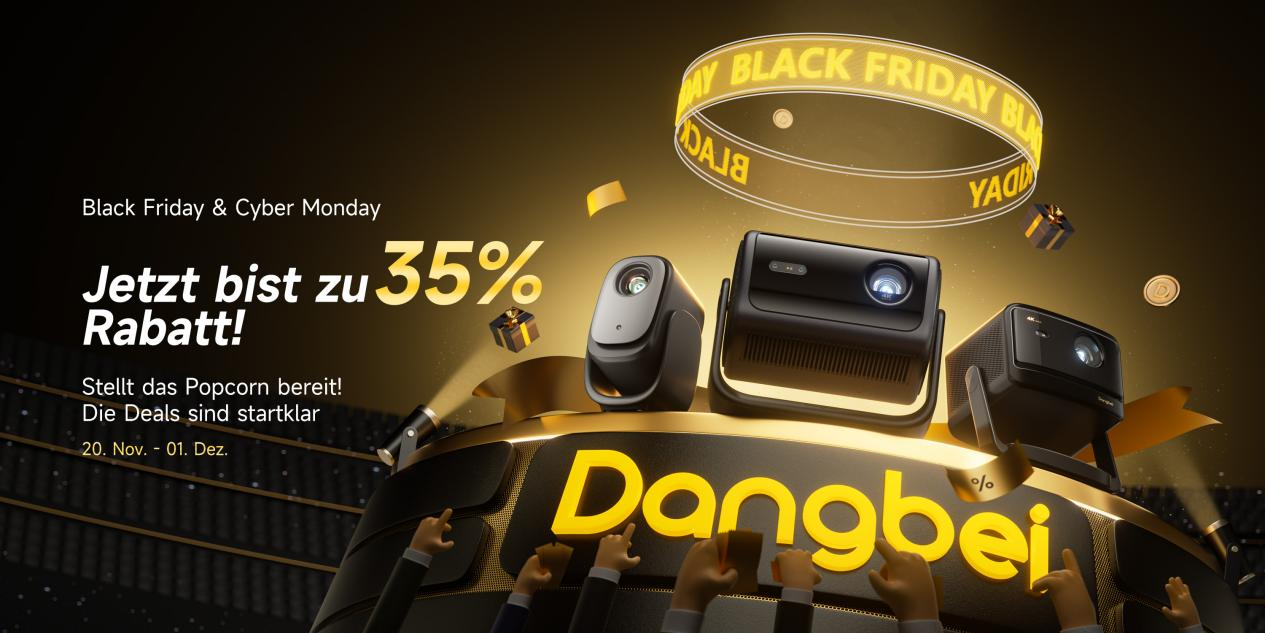 Werbegrafik zu Dangbeis Black-Friday- & Cyber-Monday-Aktion mit drei Projektoren und dem deutschen Text