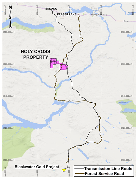 Figure 3 - Regional Location of Holy Cross in Relation to Communities, Roads, Powerlines and the Blackwater Gold Project