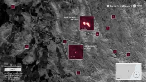 FireSat’s midwave infrared (MWIR) bands can detect fires as small as 5x5 m–about the footprint of two parking spaces. This unprecedented sensor sensitivity enables early detection, which is critical to prevent fires from escalating into widespread disasters.