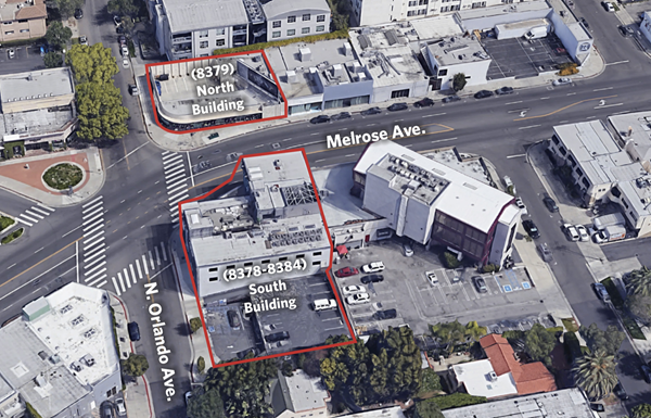 Aerial view of the North and South buildings located on Melrose Avenue purchased by Sterling Organization.