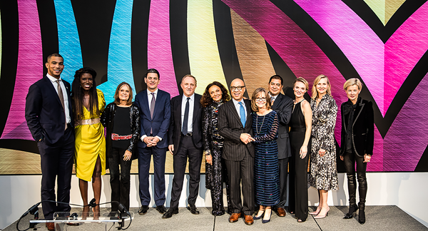 The Honorees and presenters for the 2019 Voices of Solidarity event, hosted by Vital Voices. From left to right, Cody McDavis, Bozoma Saint John, Gloria Steinem, David Miliband, François-Henri Pinault, Diane von Furstenberg, Darren Walker, Sally Field, José Guadalupe Ruelas García, Alyse Nelson, Cindy Dyer and Kate James. 