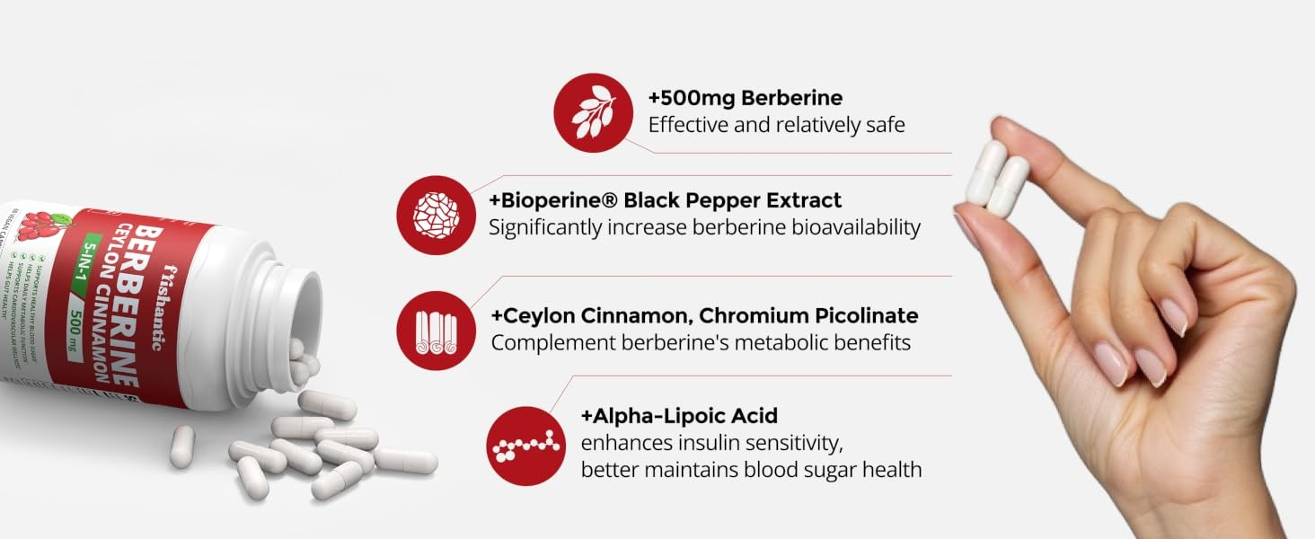 Frishantic Berberine Ceylon Cinnamon bottle with capsules and ingredient callouts for berberine, BioPerine, chromium, and ALA.