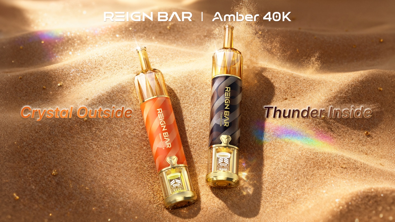 REIGN BAR Amber 40K e-Hookah with a transparent design featuring Crystal Outside and Thunder Inside.