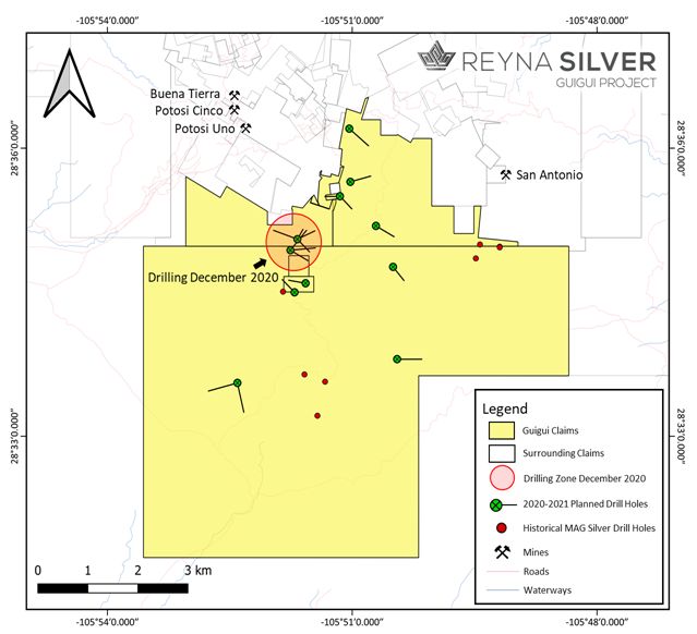 Figure 1. Historical and planned drilling at Guigui, including initial high priority targets. The red circle highlights the drilling zone for December 2020.