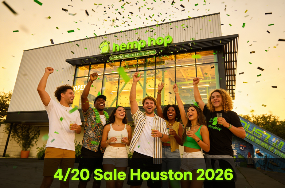 Hemp Hop Houston cannabis dispensary team and customers celebrating first ever 4/20 Sale 2026 with green confetti at Hemp Hop Houston location.