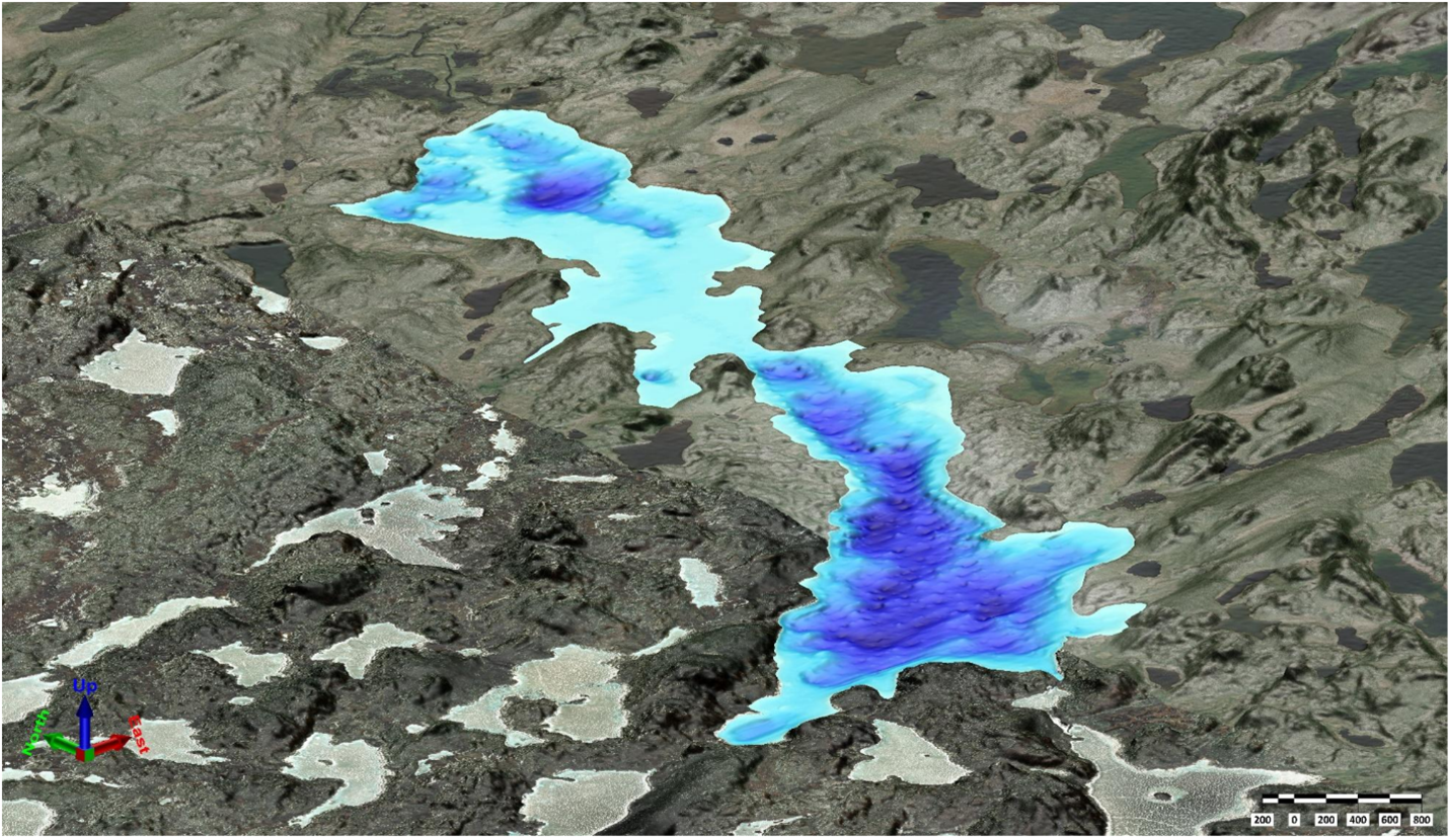 Three-dimensional view of the Squalus Lake DEM.