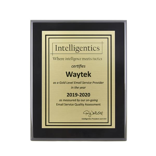 Waytek received Gold Level Email Service certification from Intelligentics after achieving a 95 out of 100 possible score. 