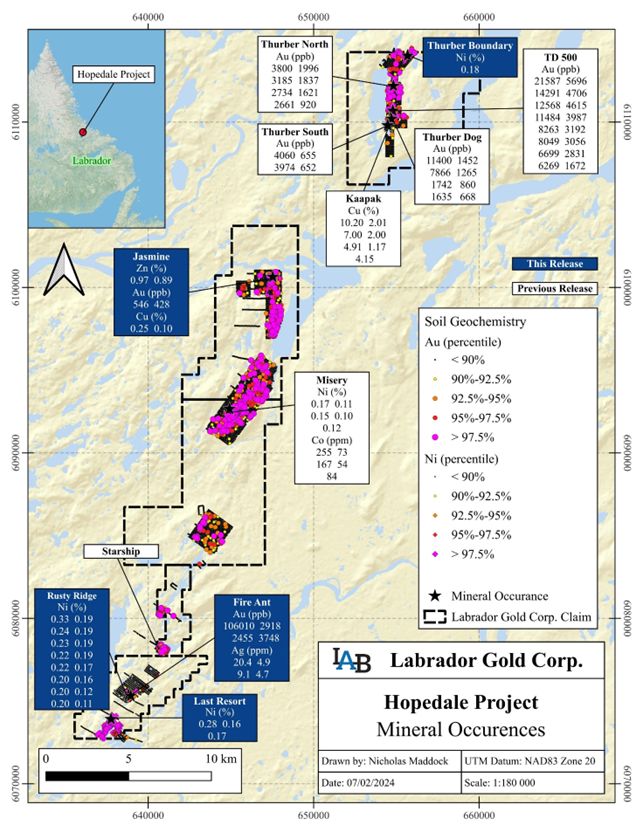 Location of the nickel, copper, gold and zinc occurrences on the Hopedale Property.