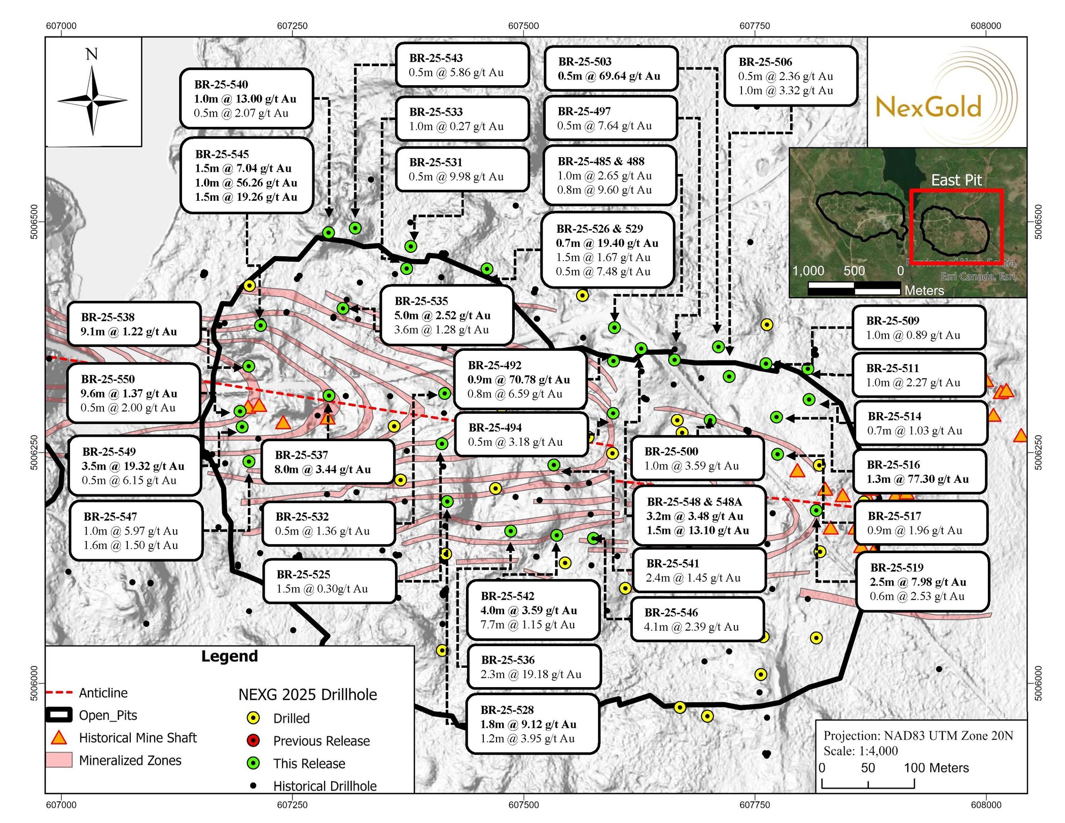 Plan map showing the location of the 36 diamond drill holes in this news release