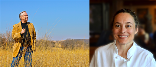 Acclaimed journalist and prairie restoration advocate Bill Kurtis stands in tall grass on the prairie; local chef Sarah Stegner of Prairie Grass Cafe in Northbrook, Illinois. On February 10, the National Forest Foundation will sponsor Midewin National Tallgrass Prairie silver anniversary celebrations featuring Kurtis and Stegner.
