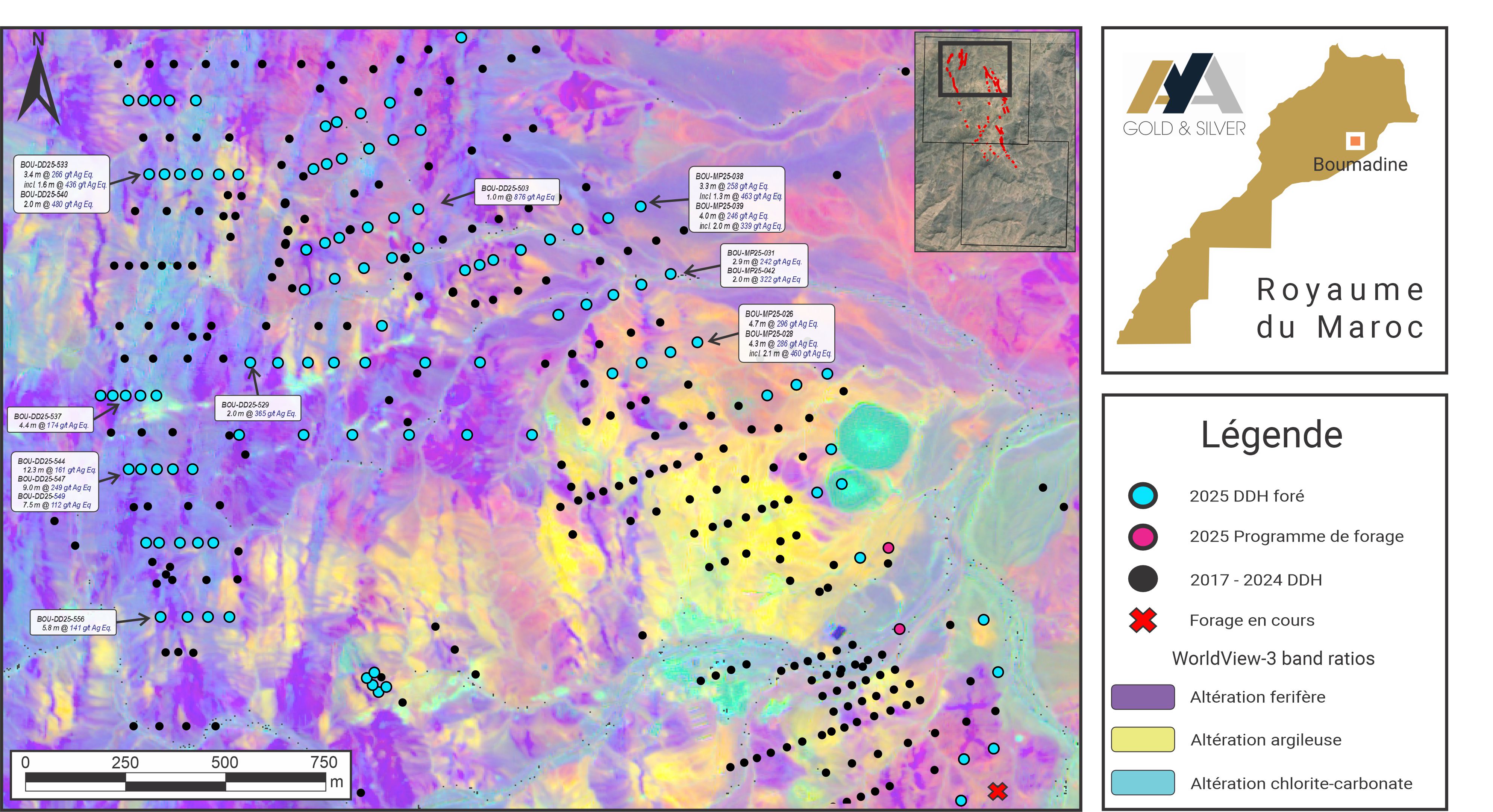 Plan de surface des zones Boumadine Nord, Imariren et Tizi montrant les nouveaux résultats de DD