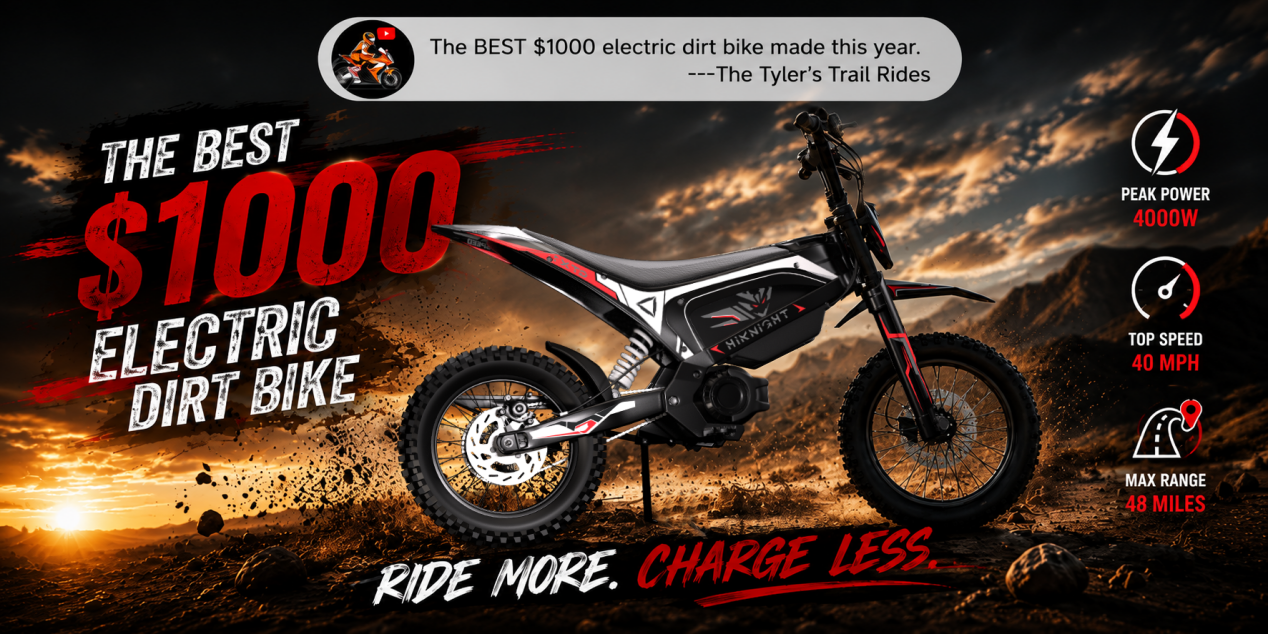 HiKNiGHT GTX1 electric dirt bike is showcased near rugged volcanic terrain with its $1000 price tag visible.