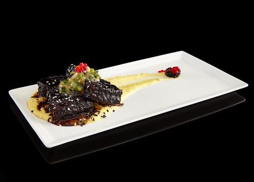 Taffel's Winning Top Ten Dish: "Bacon Steak On Sweet Corn & Jalapeño Nage with Bacon Caviar."