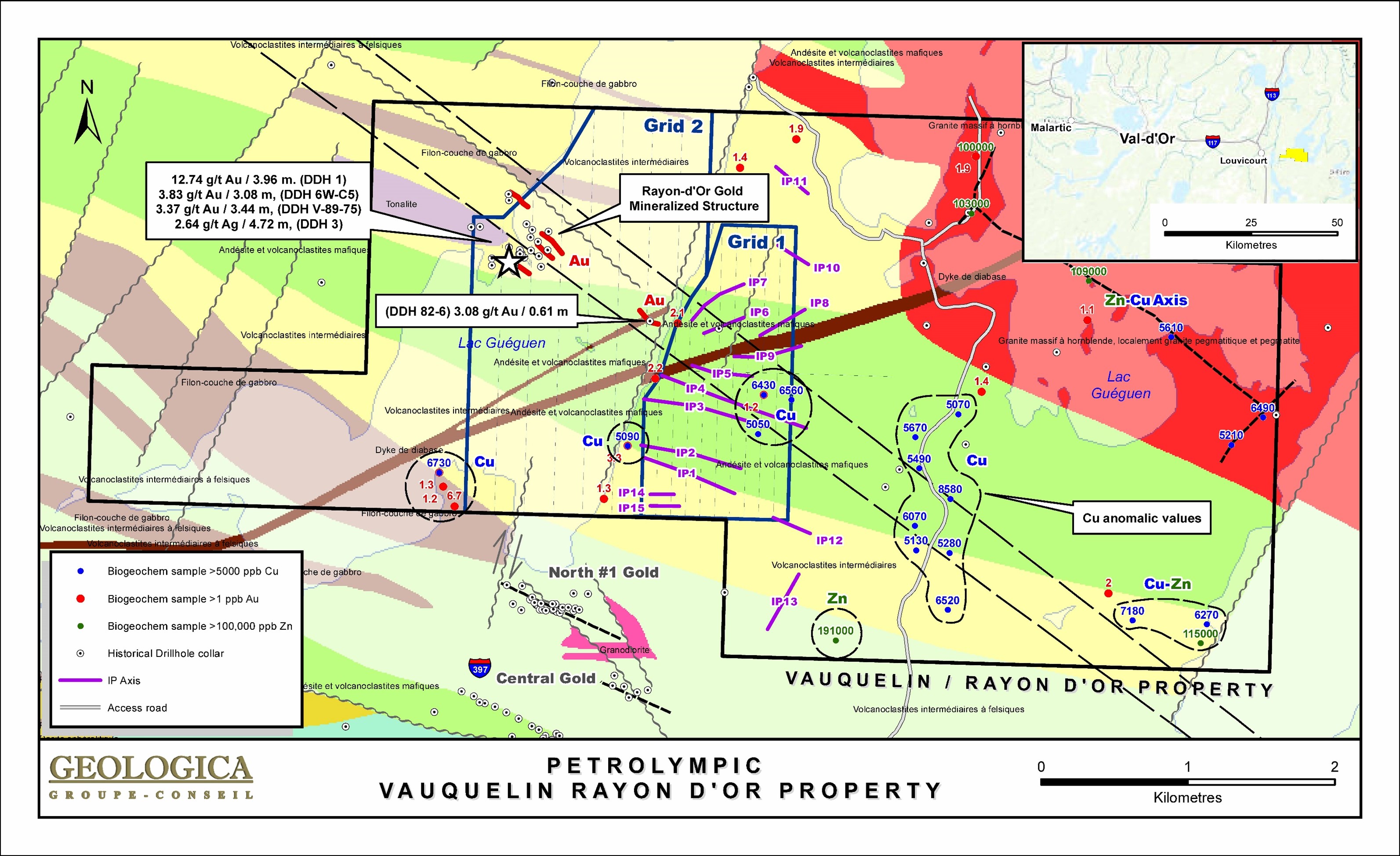 Geology map of the Rayon d’Or and Vauquelin Property with Induced Polarization (IP) conductors axes and biogeochemical sampling results.