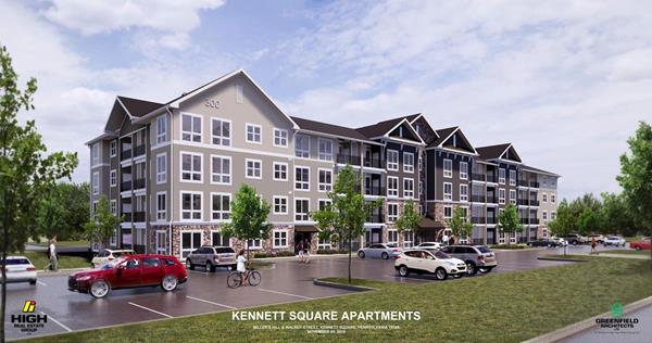 The Flats at Kennett, a 175-unit luxury apartment community by High Real Estate Group LLC, will open in 2020 at 603 Millers Hill Road in Kennett Square, Pa.