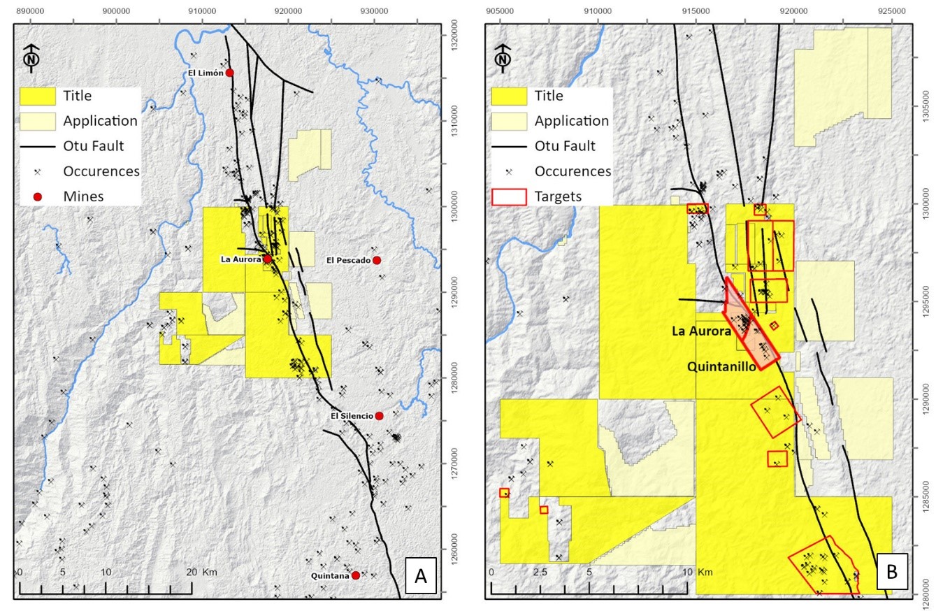(A) The Otú Fault, mines, and recorded occurrences. (B) Aurora-Quintanillo target highlighted in red and other targets.
