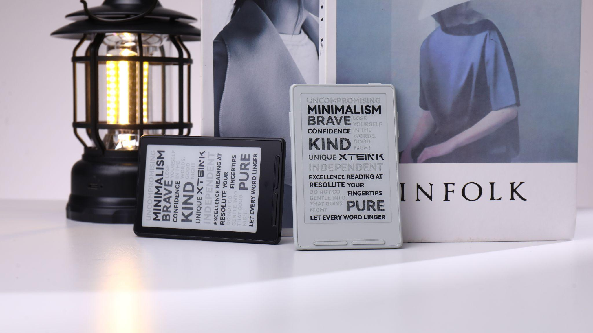 Minimalist xteink pocket ereader showing an open ebook on its crisp E-ink screen next to a coffee cup.