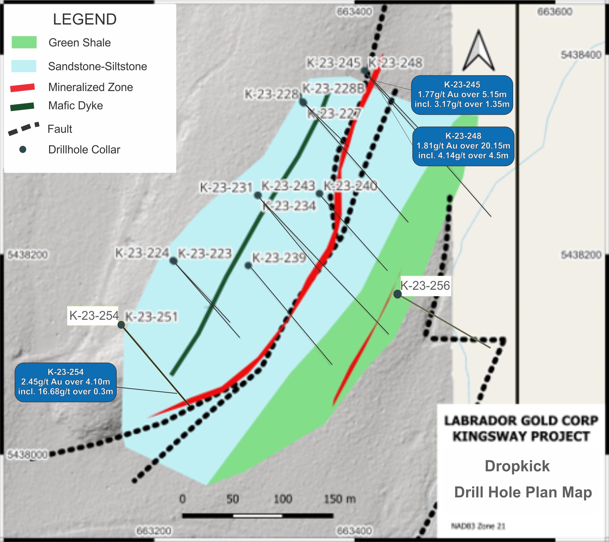 Plan map of Dropkick drill holes showing highlights of latest results.