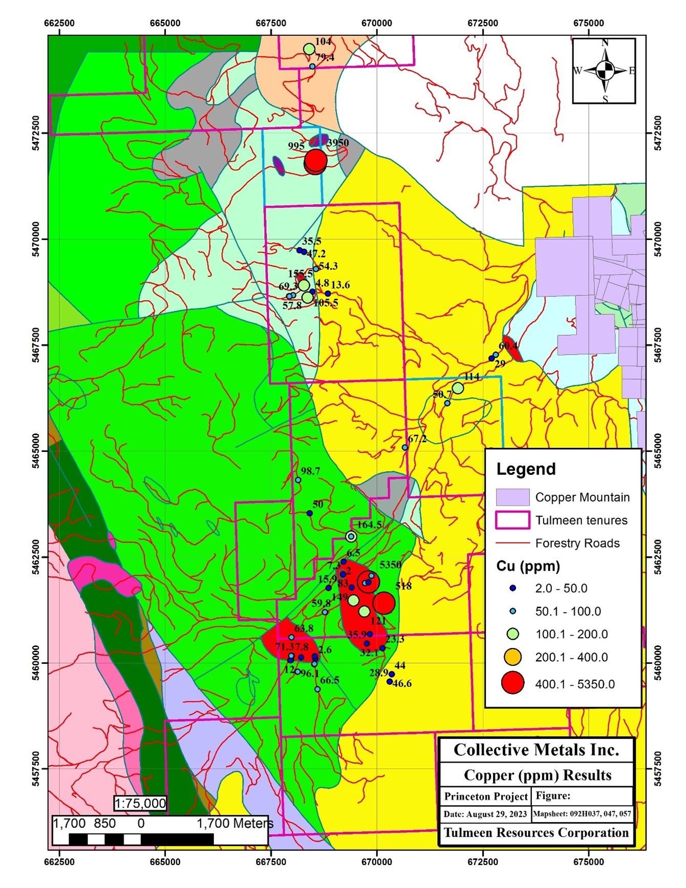 Map showing copper results from the 2023 outcrop samples in the southern half of the Project