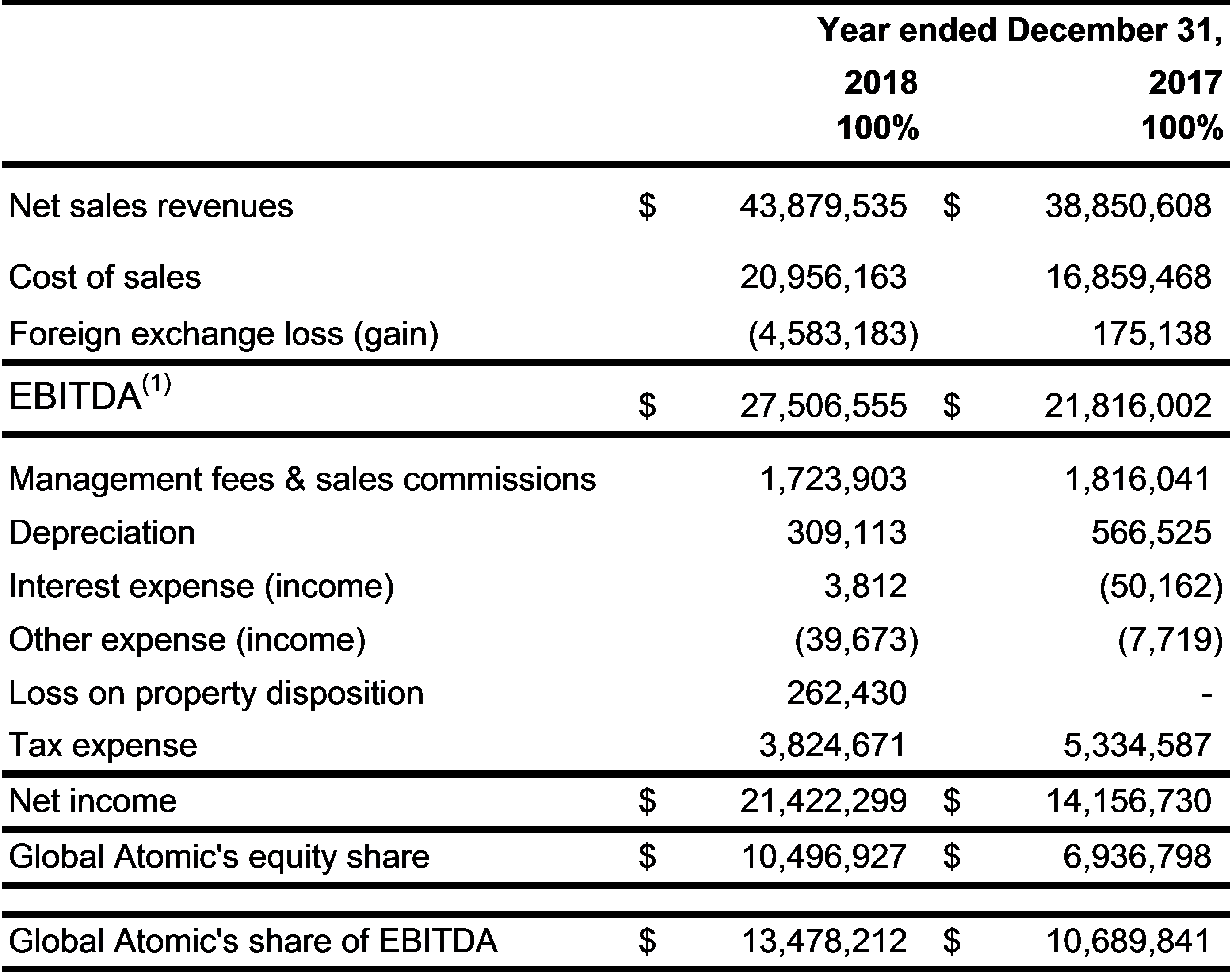 Comparative Results for 2018 & 2017 of the Joint Venture at 100%