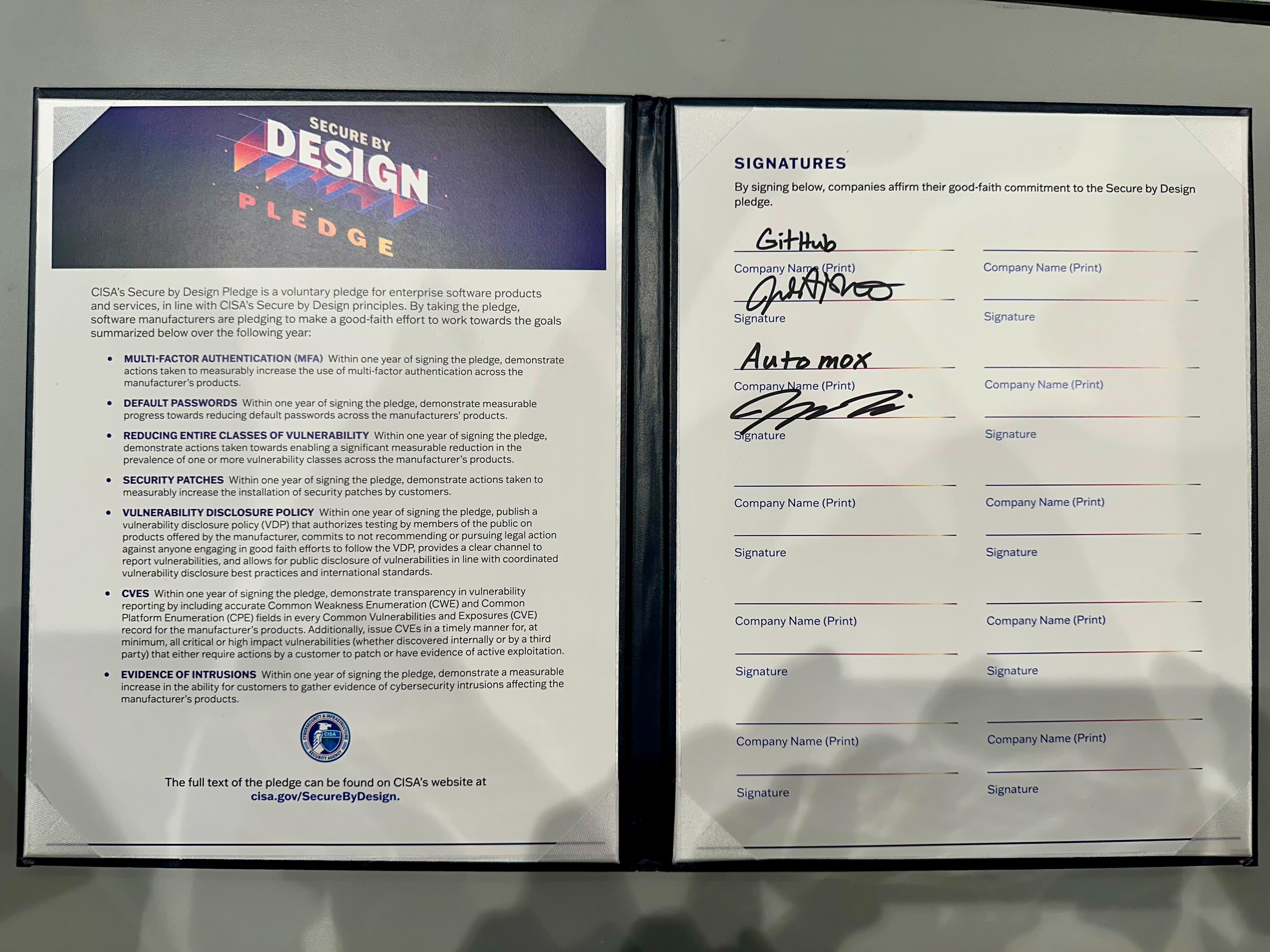 Jason Kikta, CISO/SVP Product of Automox proudly signed the CISA Secure by Design Pledge today at RSA Conference, Moscone Center, San Francisco