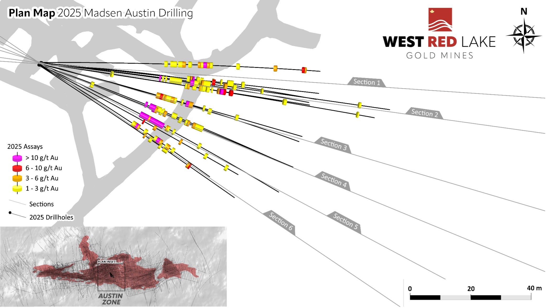 FIGURE 3. Austin plan view drill section showing assay highlights for Holes MM25D-12-4860-001 through -015. image