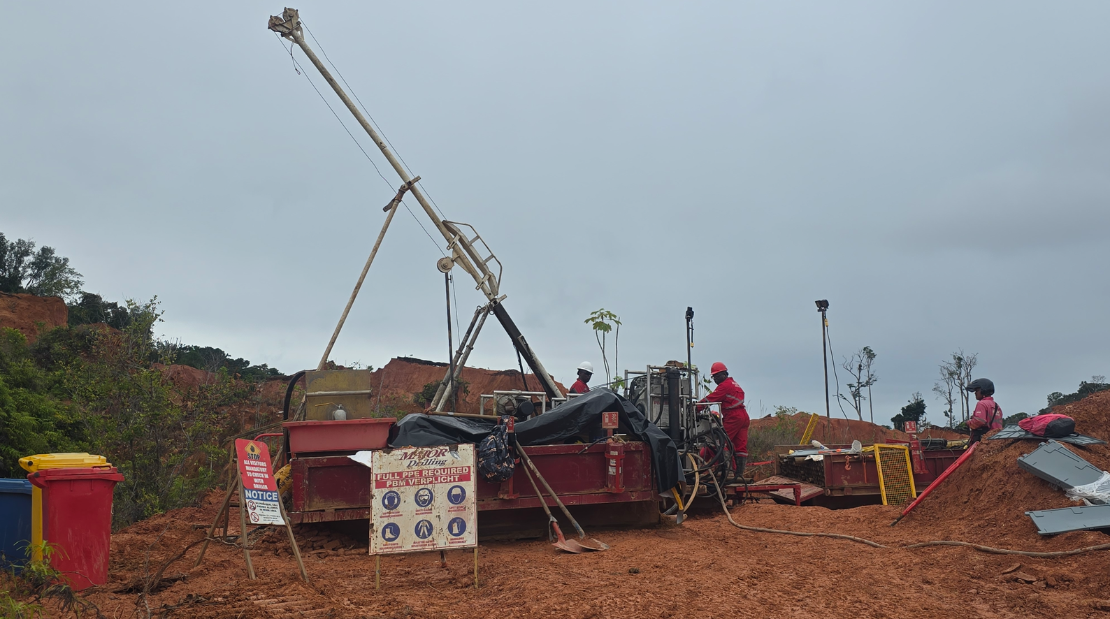 Drill rig and crew operating at the Stranger target on the Sela Creek Gold Project, Suriname. 