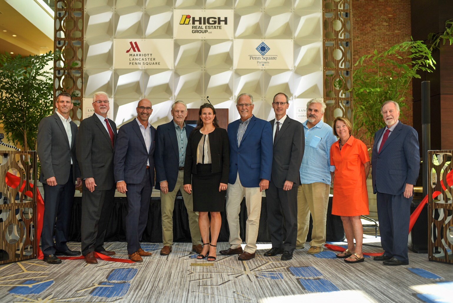 High Real Estate Group LLC celebrated the opening of the new Lancaster Marriott East Tower and the renovation of the West Tower in a formal ribbon-cutting ceremony. Left to right: Mike Shirk, CEO, the High companies; Kevin Molloy, Executive Director, Lancaster County Convention Center Authority (LCCCA); Mark Fitzgerald, President and COO, High Real Estate Group LLC (HREG); The Honorable Gib Armstrong, PA State Senate 13th district (retired); The Honorable Danene Sorace, Mayor, City of Lancaster; Tom Smithgall, Senior Vice President - Development, HREG; Shane Zimmerman, EVP & Treasurer, Steinman Communications; The Honorable Mike Sturla, PA House of Representatives 96th district; Sharon Nelson, Board Chair, LCCCA; and S. Dale High, Chair Emeritus, the High companies.