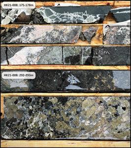 Atlas of textures and mineralogy for the 255 m intersection REE and critical element mineralization with gold in drill hole HK21-008. Core in the upper photo at 175-178m grades 0.56% TREO and 0.30%  Nb2O5 and is hosted primarily in disseminated pyrochlore and calcite-apatite veins. The lower photo with 1cm hexagonal  crystals of apatite, pyrite and magnetite grades  0.76% TREO and 0.30% Nb2O5.