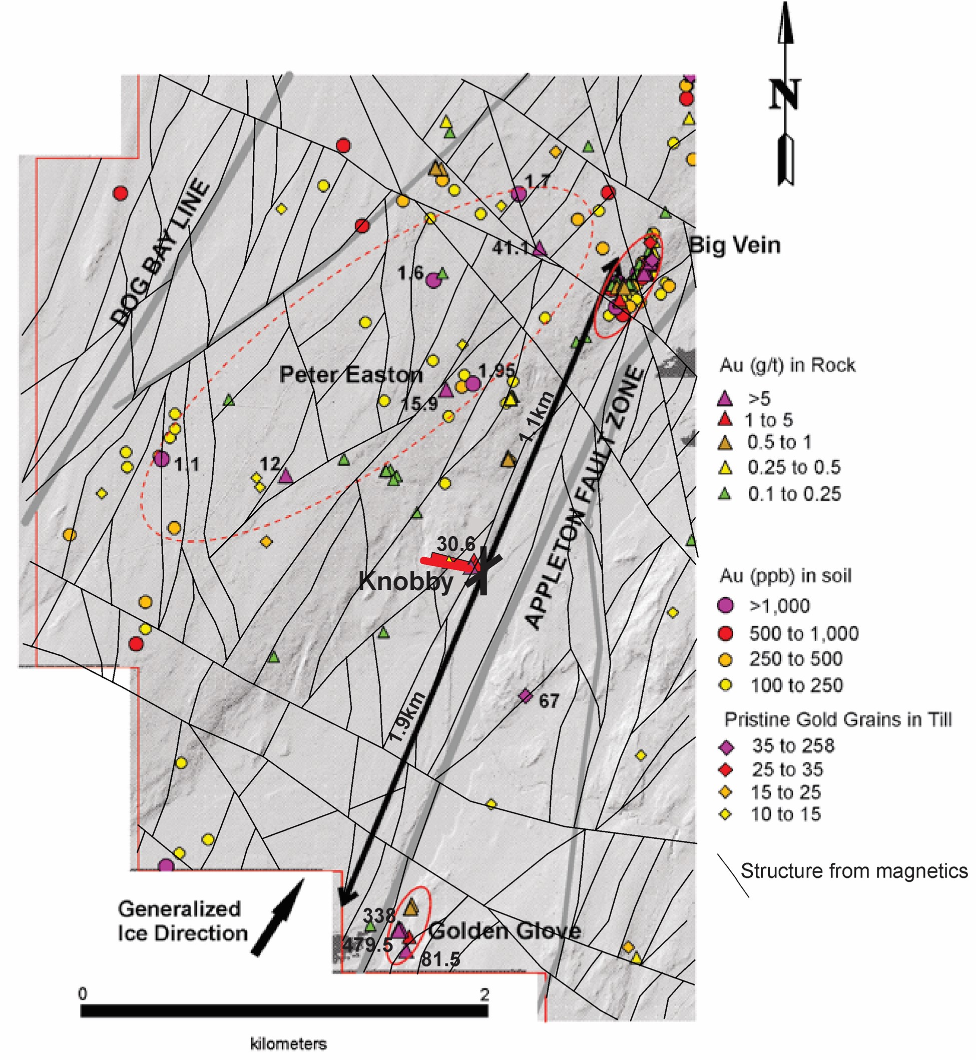 Geochemical anomalies along the Appleton Fault Zone at Kingsway South.
