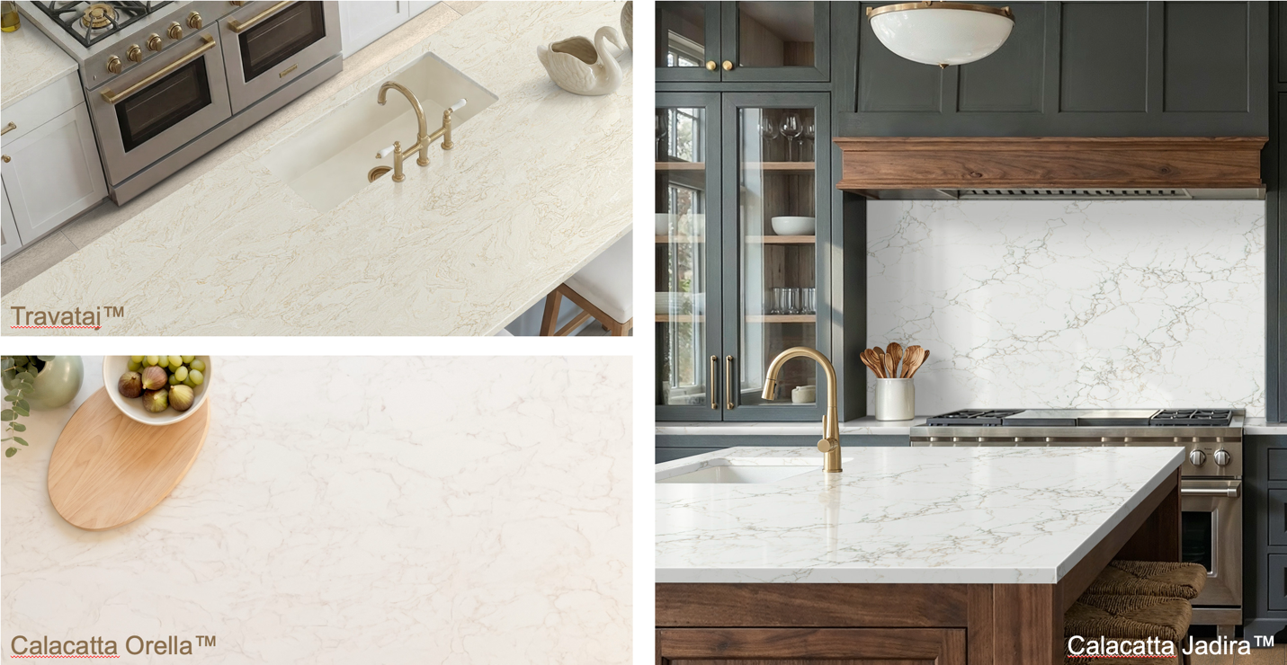 Collage of MSI's beautiful new Bocage® colors in various kitchen settings