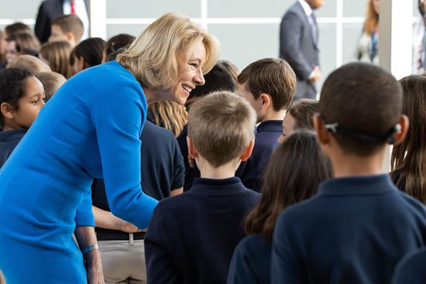 U.S. Secretary of Education Betsy DeVos visited with students from Founders Classical Academy of Schertz.
