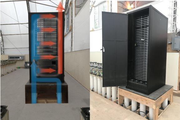 Negative pressure cabinet showing cool airflow from Canadian wells and server configuration. Cabinets are sealed and insulated from ambient air in the